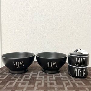 NWT Rae Dunn black YUM bowls and black SALT & PEPPER stackers